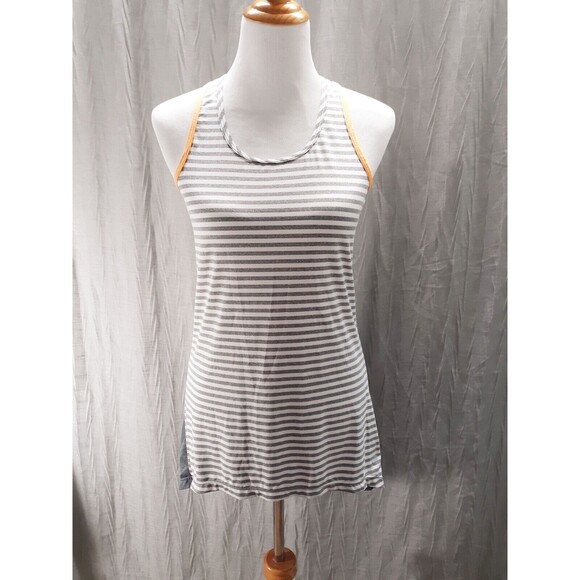 MPG Womens Active Tank Top Shirt Hi-Low Gray White Stripes w Orange Trim Size M - Picture 1 of 11